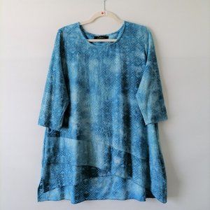 Caleoas Womens Blue 1/4 Sleeve Round Neck Geometric Tie Dye Blouse Top Size XL